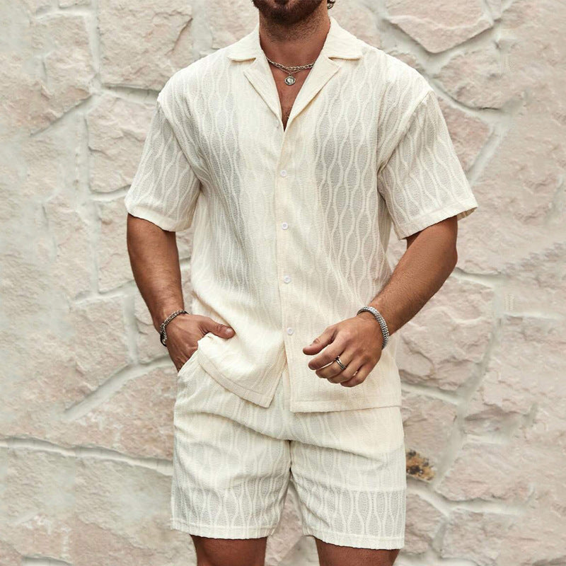 Men Summer Fashion Solid Loose Casual Two Pieces Lapel Button Shirt
