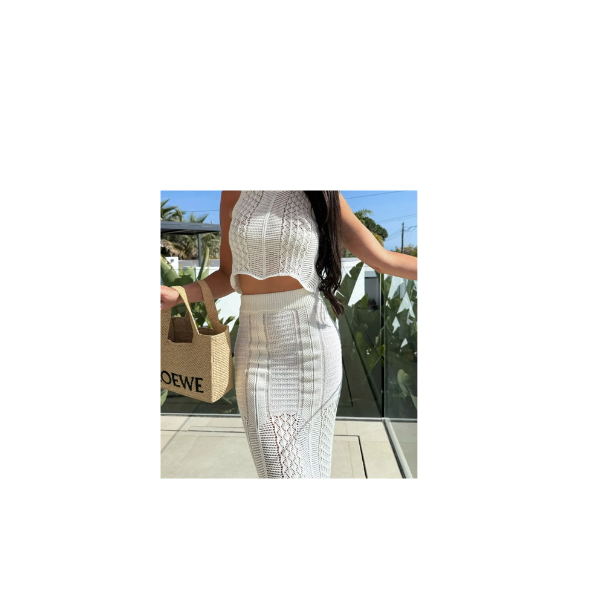 Openwork Round Neck Top and Slit Skirt Sweater Set