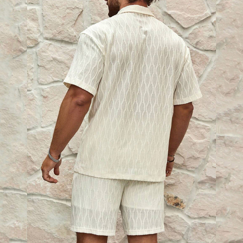 Men Summer Fashion Solid Loose Casual Two Pieces Lapel Button Shirt