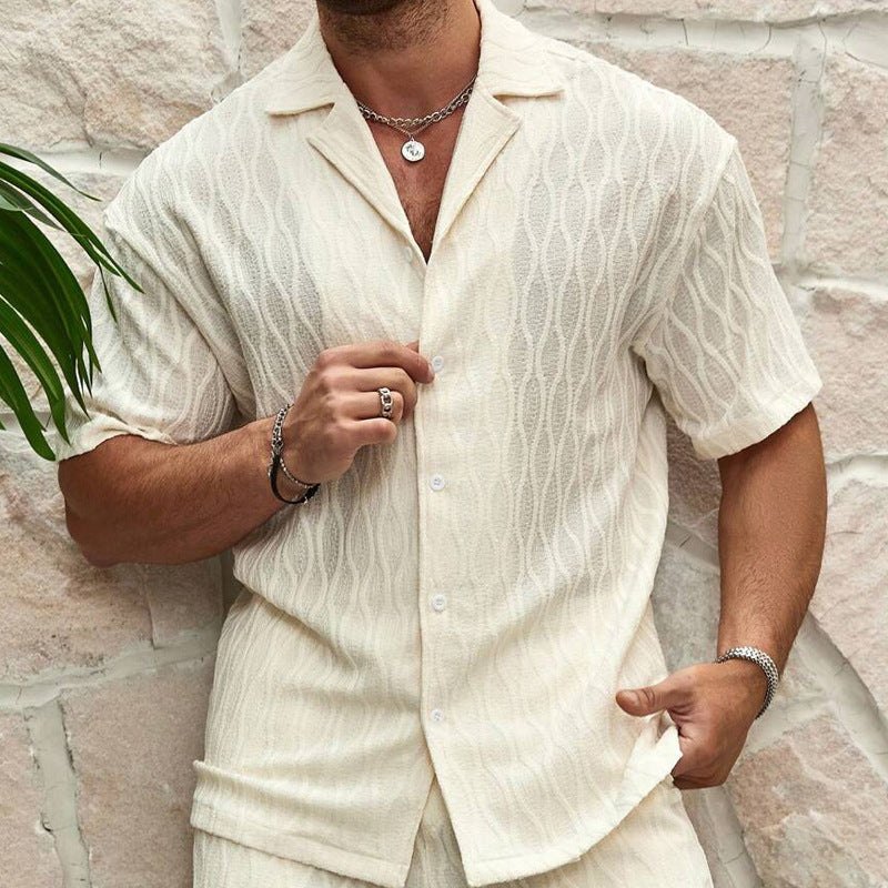 Men Summer Fashion Solid Loose Casual Two Pieces Lapel Button Shirt