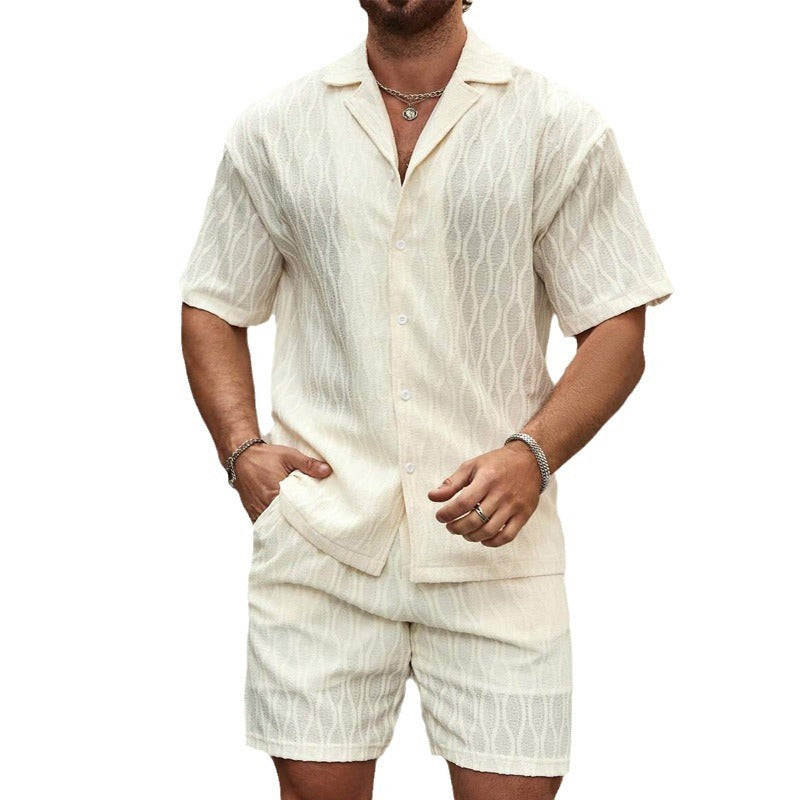 Men Summer Fashion Solid Loose Casual Two Pieces Lapel Button Shirt