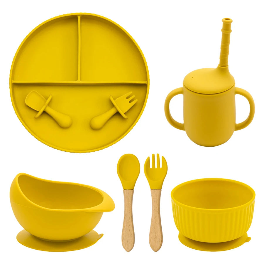 Baby Silicone Cookware Feeding Plate Bowl Set Non-Slip Suction Food Dishes Drinking Cup BPA Free Fork Spoon Children's Tableware