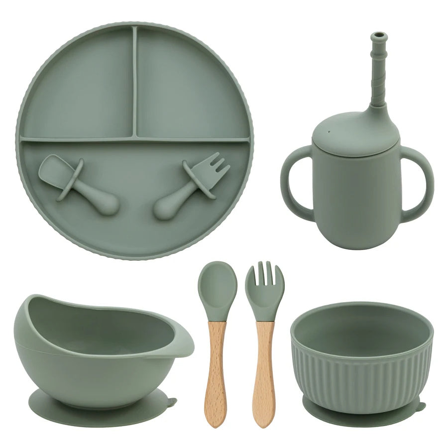 Baby Silicone Cookware Feeding Plate Bowl Set Non-Slip Suction Food Dishes Drinking Cup BPA Free Fork Spoon Children's Tableware