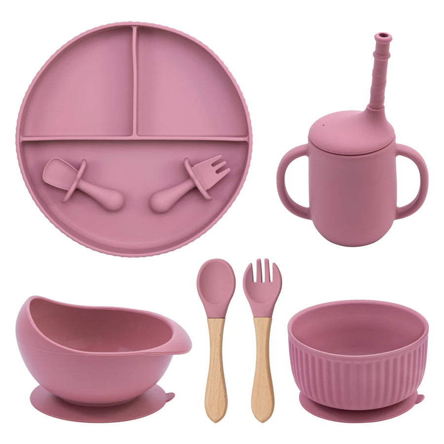 Baby Silicone Cookware Feeding Plate Bowl Set Non-Slip Suction Food Dishes Drinking Cup BPA Free Fork Spoon Children's Tableware
