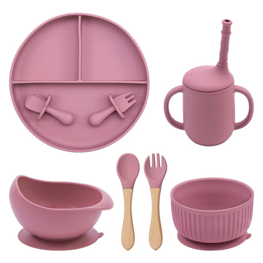 Baby Silicone Cookware Feeding Plate Bowl Set Non-Slip Suction Food Dishes Drinking Cup BPA Free Fork Spoon Children's Tableware