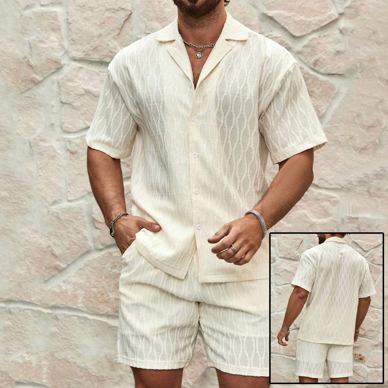 Men Summer Fashion Solid Loose Casual Two Pieces Lapel Button Shirt