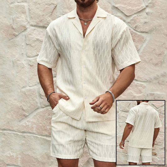 Men Summer Fashion Solid Loose Casual Two Pieces Lapel Button Shirt