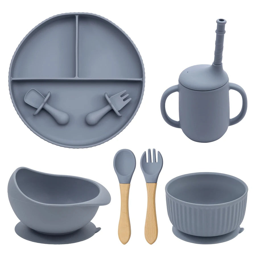 Baby Silicone Cookware Feeding Plate Bowl Set Non-Slip Suction Food Dishes Drinking Cup BPA Free Fork Spoon Children's Tableware